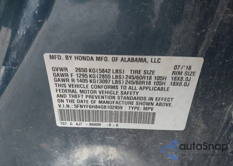 2016 Honda Pilot Ex-L from USA, damaged, VIN 5FNYF6H84GB102959